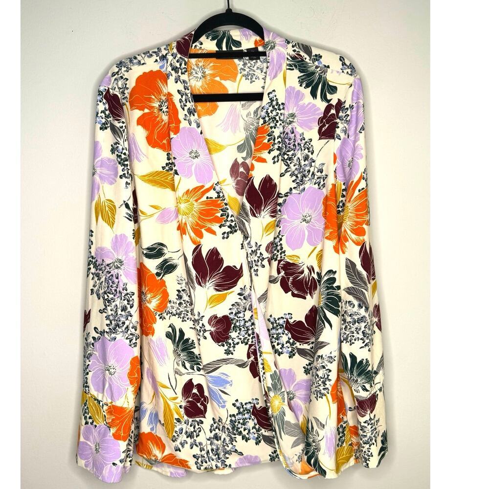 Halogen Brown Orange Blue Floral Faux Wrap Long Sleeve Wide Cuff Hi-Lo Blouse 2X